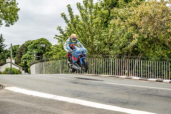 Jamie Cringle taking air over Ballaugh Bridge during the TT Supersport race