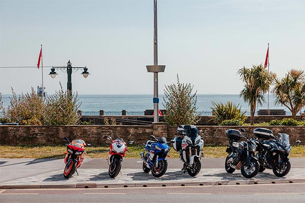 Motorbikes lined up along the prom in Douglas on the Isle of Man