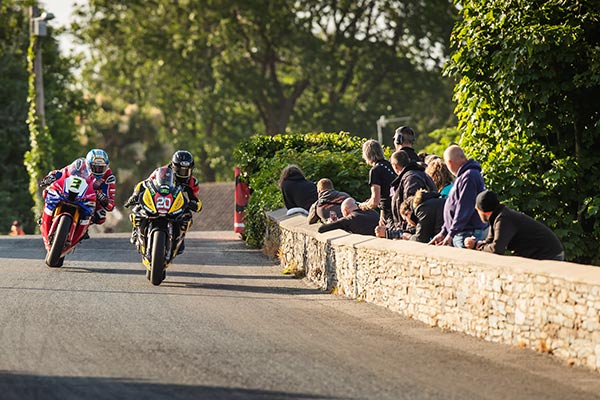 Mike Browne and John McGuinness at Sulby Bridge during the TT practice week